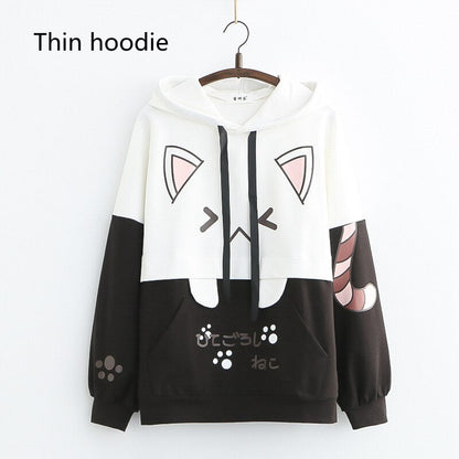 Katzen-Design Hoodie, schwarz-weiß, Kapuze, Baumwolle, Damenmode, kawaii, Herbstbekleidung
