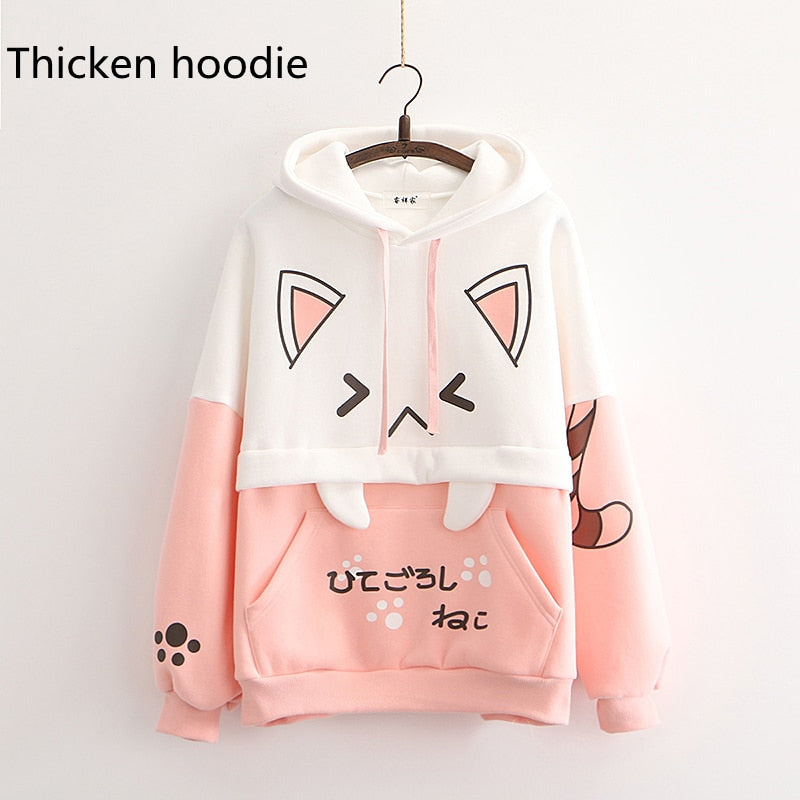 Kawaii Katzenohren Hoodie, rosa-weiß, dick, Kapuzenpullover, Cartoon-Design, Damenmode.