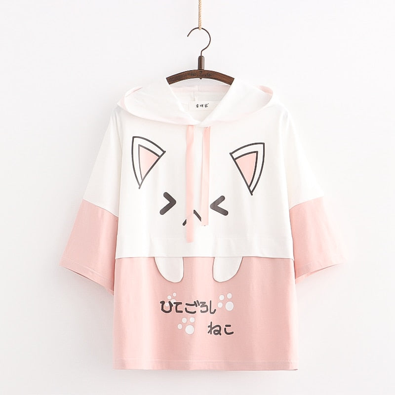 Kawaii Katzen Hoodie, rosa-weiß, mit Ohren und Pfoten, Damenmode, süßes Design.