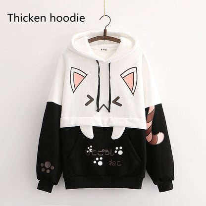 Weiß-schwarzer Katzen-Hoodie, dick, mit Ohren-Design, Kapuze, Baumwolle, Unisex.