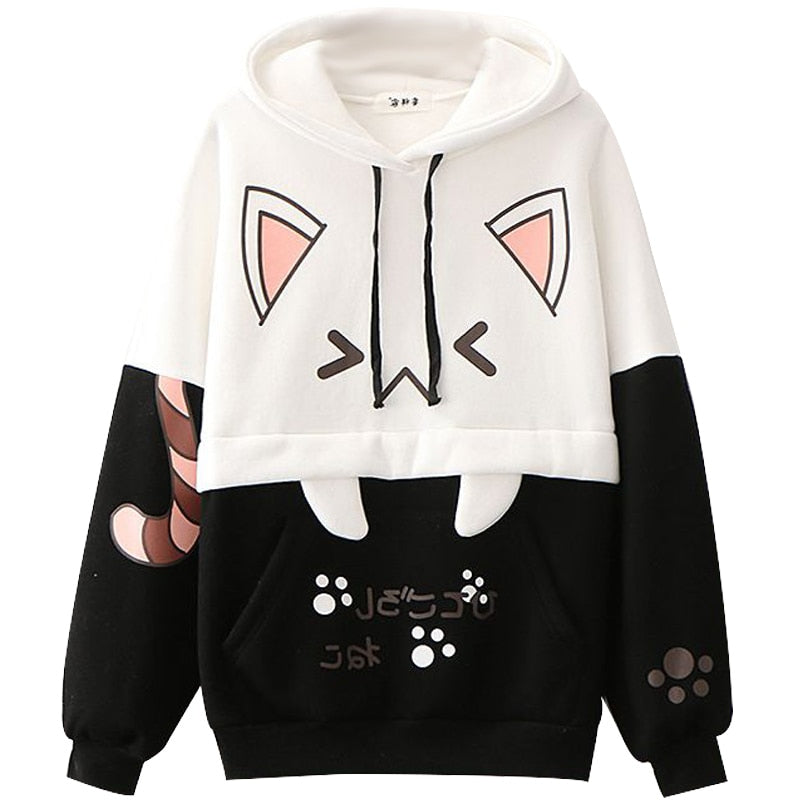 Kawaii Katzenohren Hoodie, weiß-schwarz, Cartoon-Design, Unisex, Kapuzenpullover, Baumwolle.