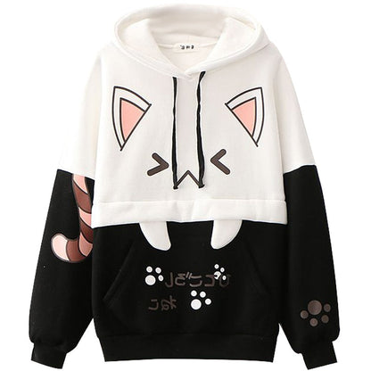Kawaii Katzenohren Hoodie, weiß-schwarz, Cartoon-Design, Unisex, Kapuzenpullover, Baumwolle.