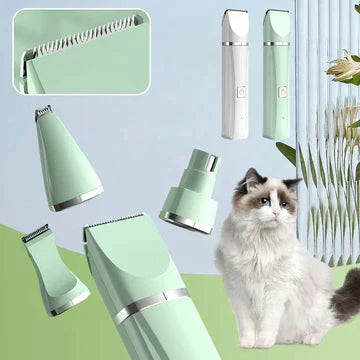 Grüner Haustiertrimmer, kabellos, mit verschiedenen Aufsätzen, neben einer Katze.
