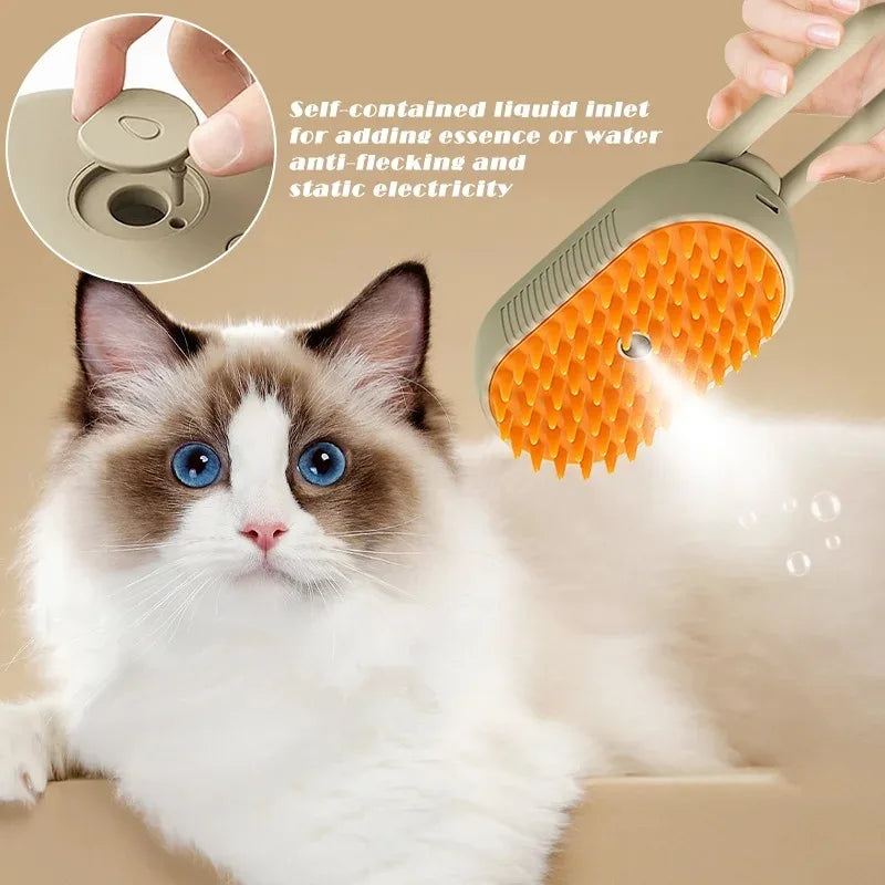 Katzenbürste mit Flüssigkeitsbehälter, orange Borsten, antistatisch, für Fellpflege.