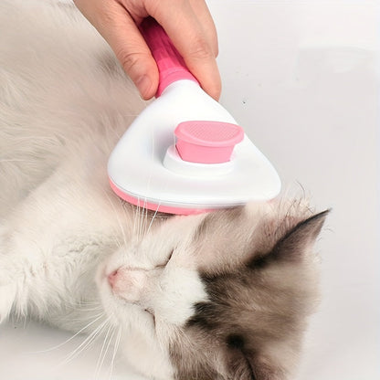 Hand hält rosa-weiße Katzenbürste, kämmt flauschige Katze, Haustierpflege-Tool.
