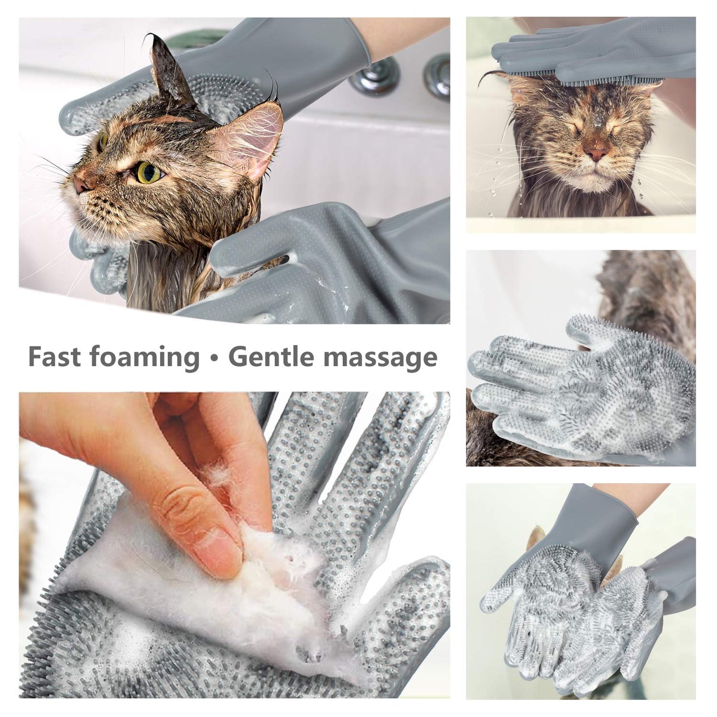 Graue Silikon-Bürstenhandschuhe für Katzenpflege, sanfte Massage, schnelles Schäumen.