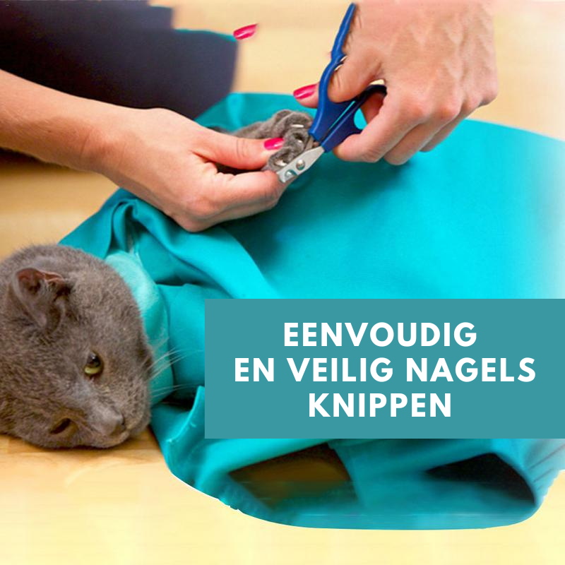 Person schneidet Katzenkrallen mit blauer Schere, Katze in grünem Tuch eingewickelt.