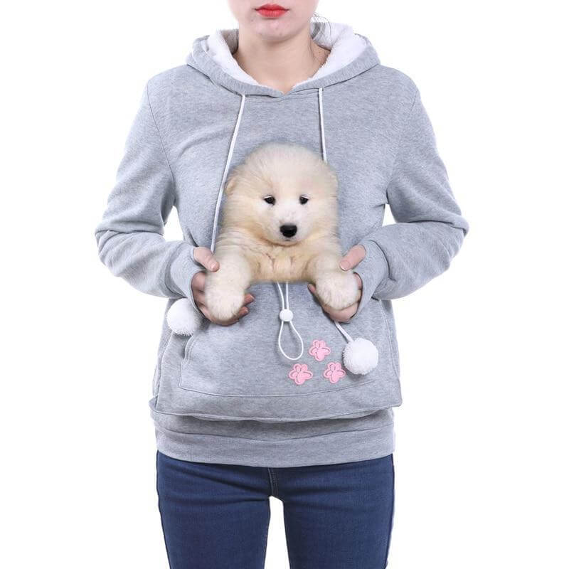 Grauer Kapuzenpullover mit Hundetasche, bequem, ideal für Haustierliebhaber.