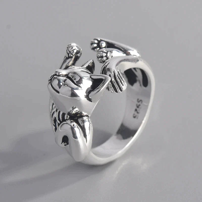 Silberner Katzenring, verstellbar, 925 Sterling Silber, Tiermotiv, modisches Schmuckstück.