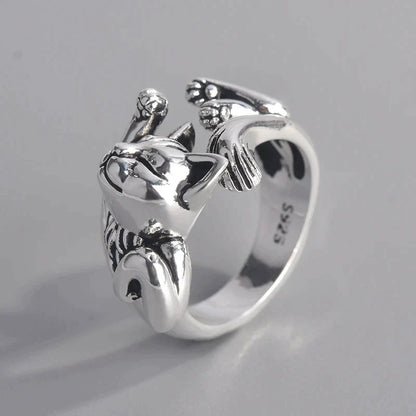 Silberner Katzenring, verstellbar, 925 Sterling Silber, Tiermotiv, modisches Schmuckstück.