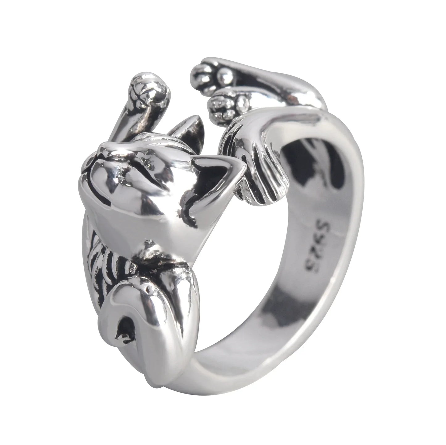 Silberner Katzenring, verstellbar, Edelstahl, modisches Accessoire, Geschenkidee.