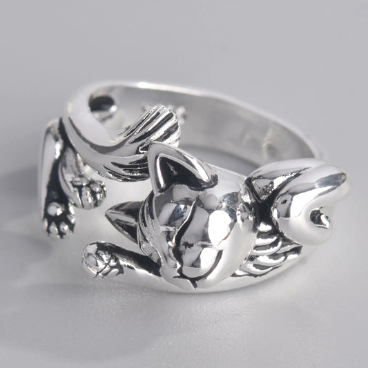 Silberner Katzenring, verstellbar, Tiermotiv, glänzend, Schmuck für Katzenliebhaber.