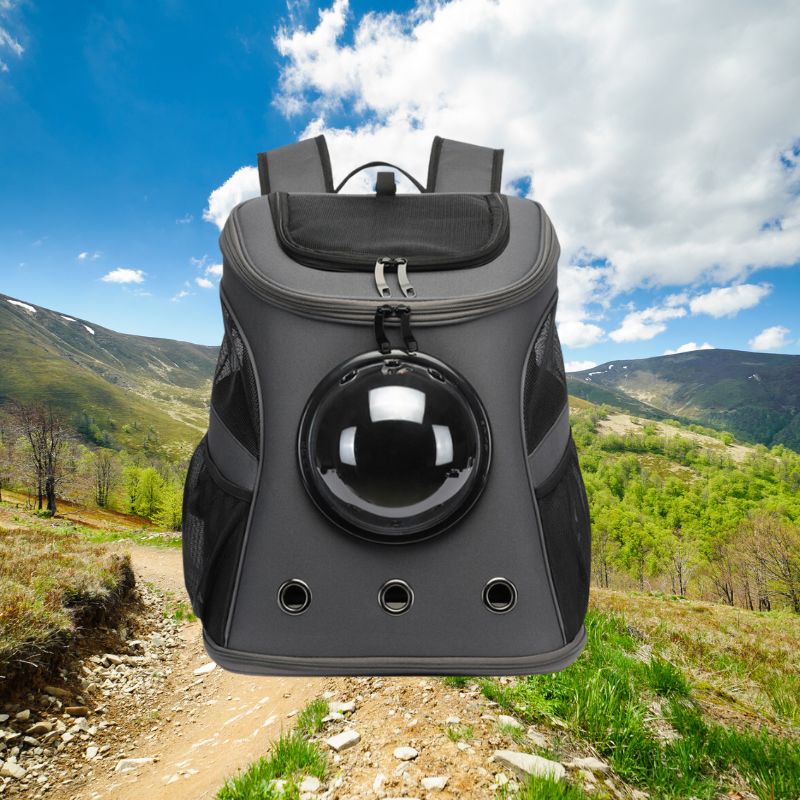 Grauer Katzentransport-Rucksack mit Sichtfenster, ideal für Reisen und Outdoor-Aktivitäten.