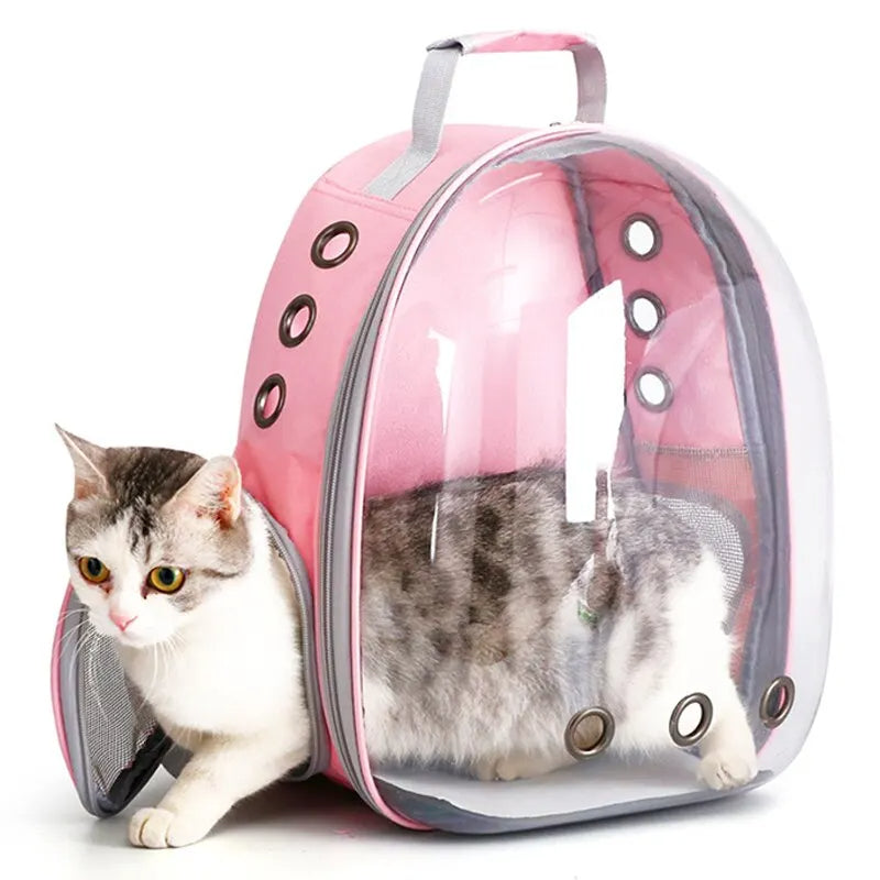 Rosa Katzenrucksack mit transparentem Fenster, atmungsaktiv, für Haustiertransport.