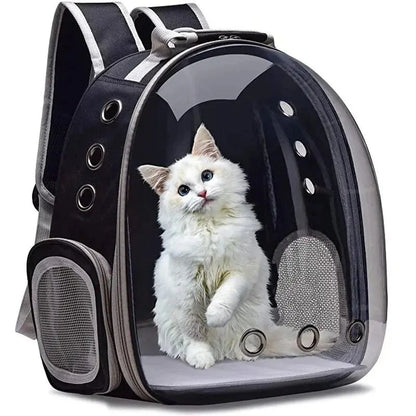 Transparenter Katzenrucksack, schwarz-grau, mit Belüftungslöchern, ideal für Reisen.