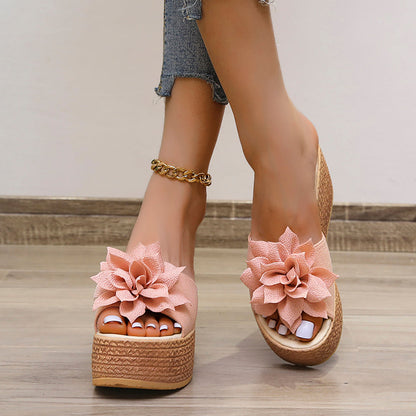 Damen Plateau Sandalen Rosa mit Blumen, Sommermode, Keilabsatz, Freizeit, bequem, elegant