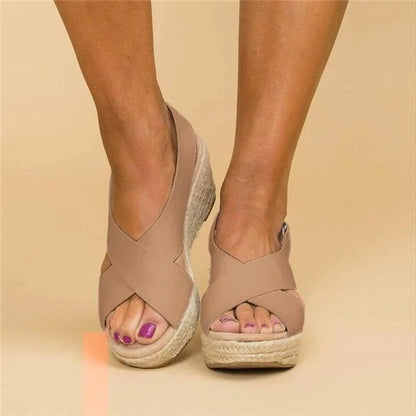 Beige Damen Keilsandalen, Kreuzriemen, Espadrille-Sohle, Sommermode, bequem, elegant