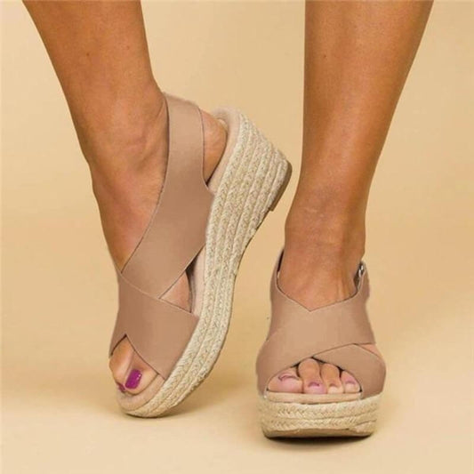 Braune Damen-Sandalen mit Keilabsatz, Kreuzriemen, Sommermode, bequem, elegant.