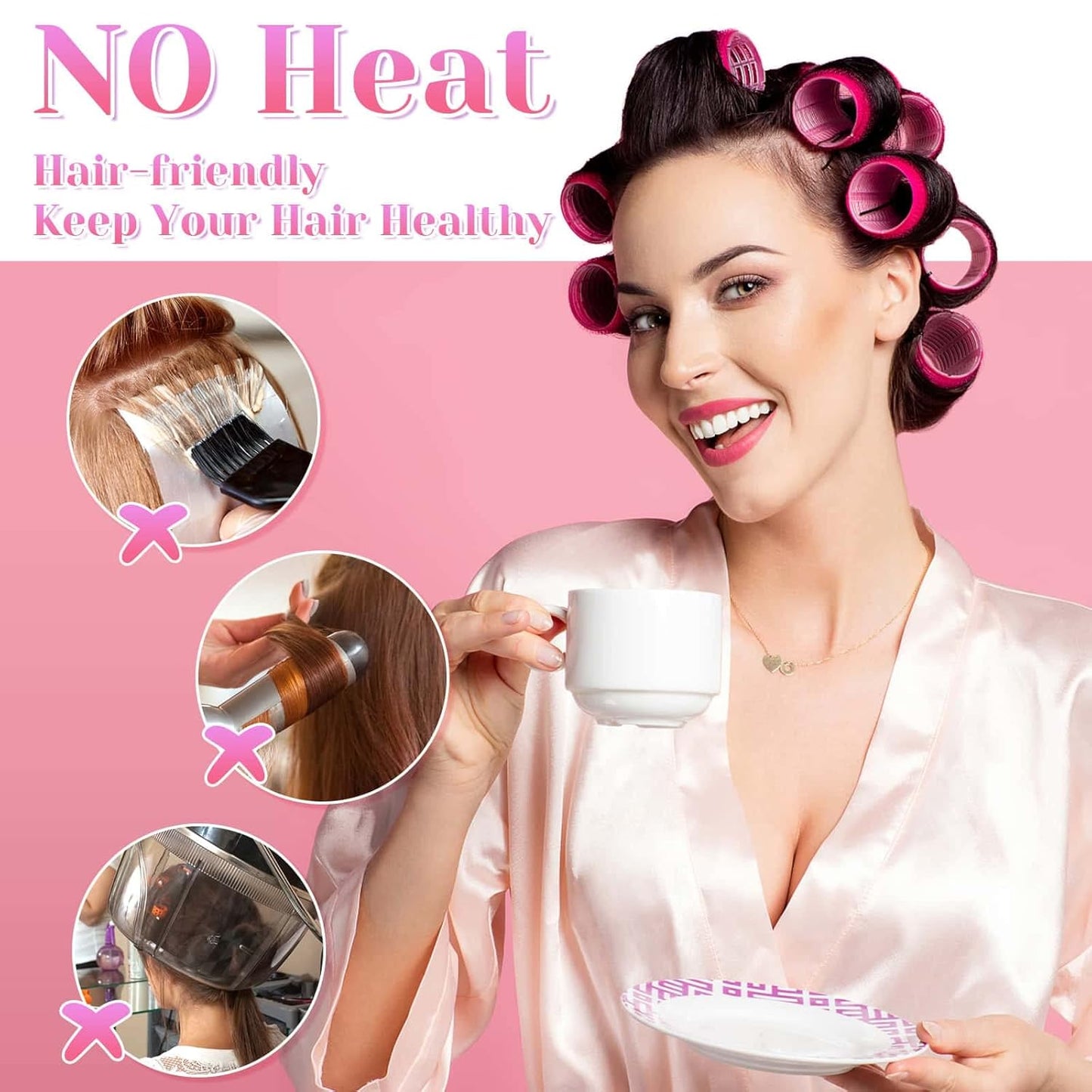 Frau mit rosa Lockenwicklern, trinkt Tee, text: "No Heat", haarschonend, gesundes Haar.