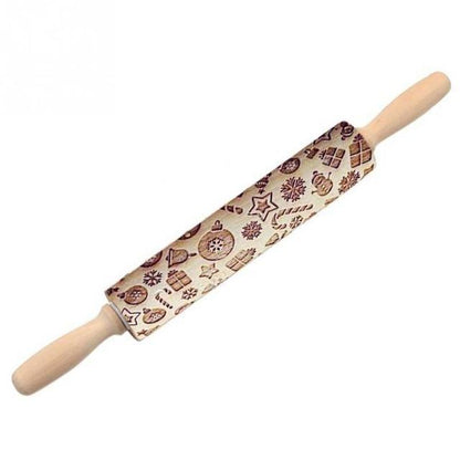 Holz-Teigroller mit weihnachtlichen Prägungen, ideal für Plätzchen, Backzubehör.