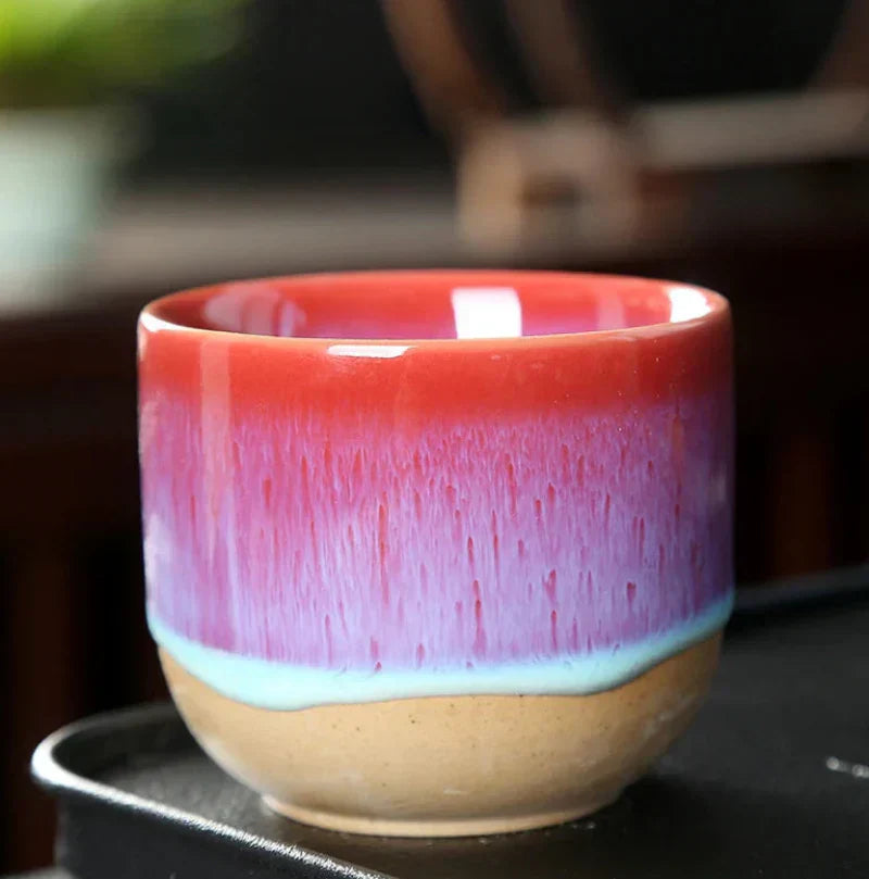 Keramiktasse in Rot und Blau, handgefertigt, Porzellan, Kung Fu Tee, Geschenk, Tischgeschirr.