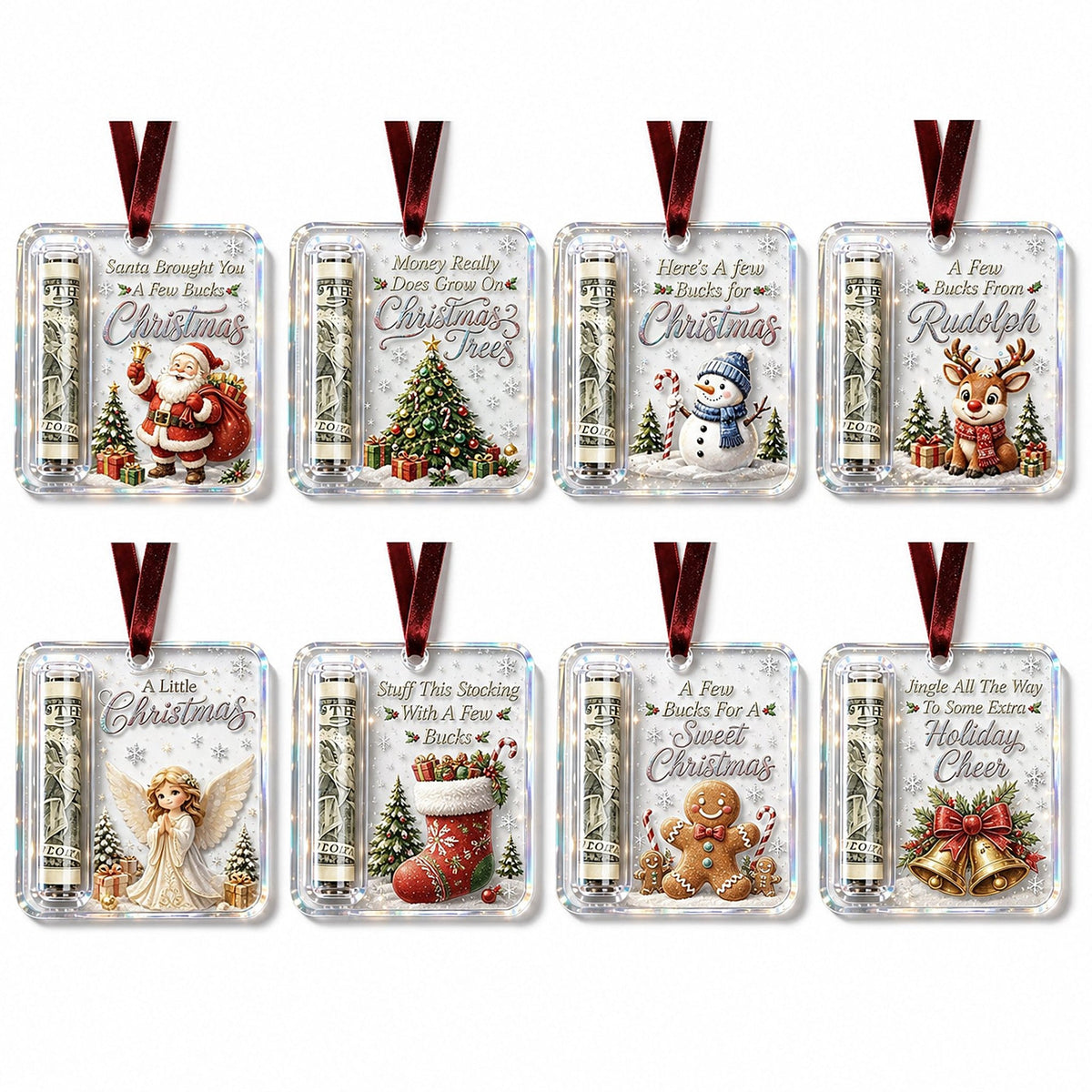 Åtta hållare i två rader med olika motiv: tomte, gran, snögubbe, ren, ängel, julstrumpa, pepparkaksgubbe och klockor. 13