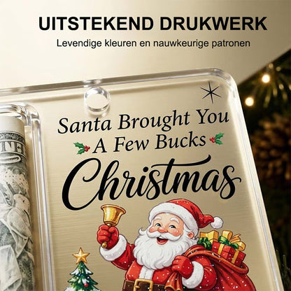 Närbild på hållarens övre del med upphöjd knopp, tryckt text och tomte med klocka i skarpa färger. 4