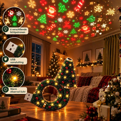 Projektorn stĂĽr pĂĽ ett bord i ett mysigt vardagsrum medan julmotiv i rĂ¶tt, grĂ¶nt och guld lyser i taket. 2