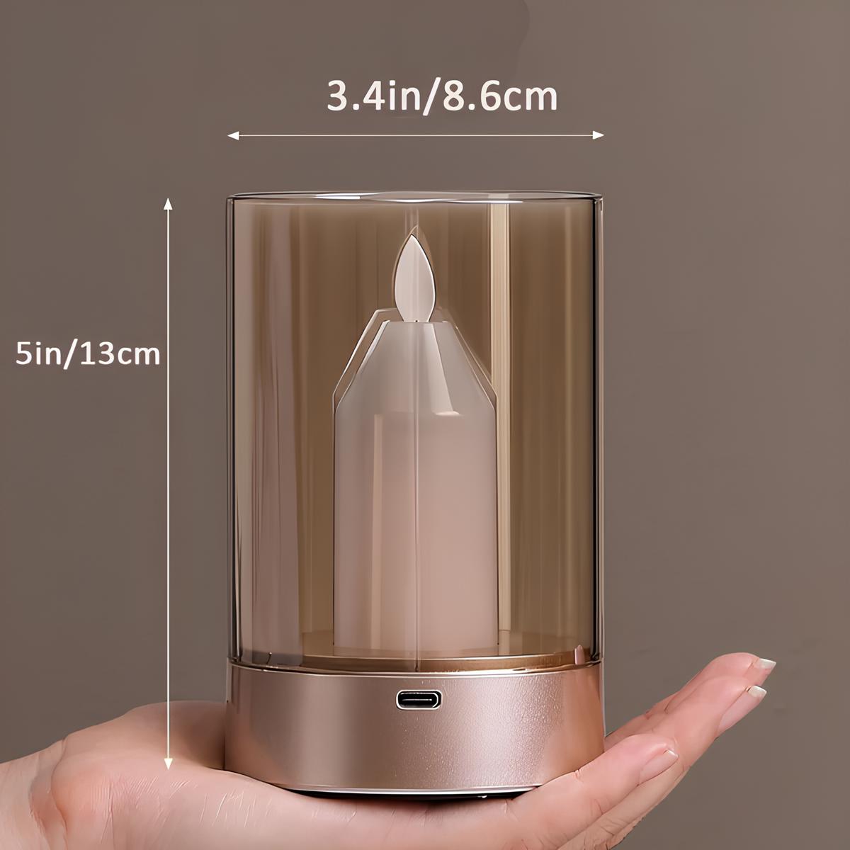 Tragbare LED-Kerze, Glaszylinder, USB-Anschluss, 13cm hoch, 8.6cm Durchmesser, Handfläche.