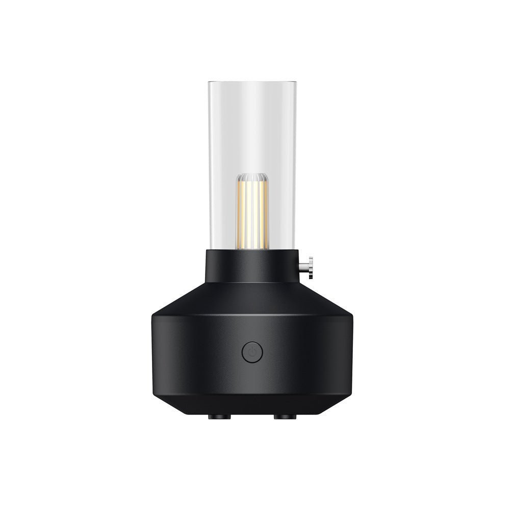 Schwarzer Aromatherapie-Diffuser mit Kerzenlicht-Design, Glaszylinder, LED-Licht.