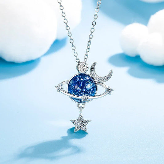 Silberne Halskette mit blauem Planetenanhänger, Mond und Stern, Damen-Schmuck, modisch.