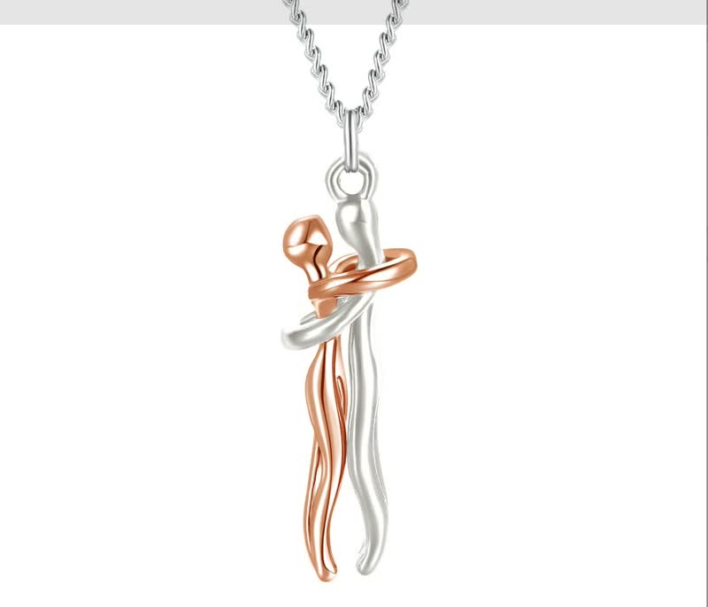 Silber- und roségoldene Kettenanhänger, abstrakte Umarmung, Edelstahl, Schmuckdesign.