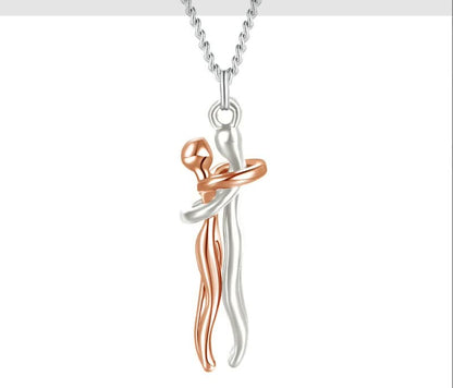 Silber- und roségoldene Kettenanhänger, abstrakte Umarmung, Edelstahl, Schmuckdesign.