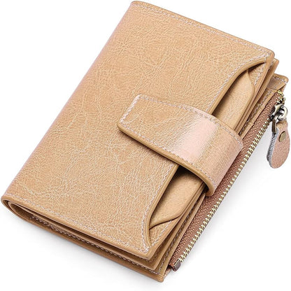 Khaki Damen-Geldbörse aus Leder mit Reißverschluss und Druckknopf, stilvoll und praktisch.