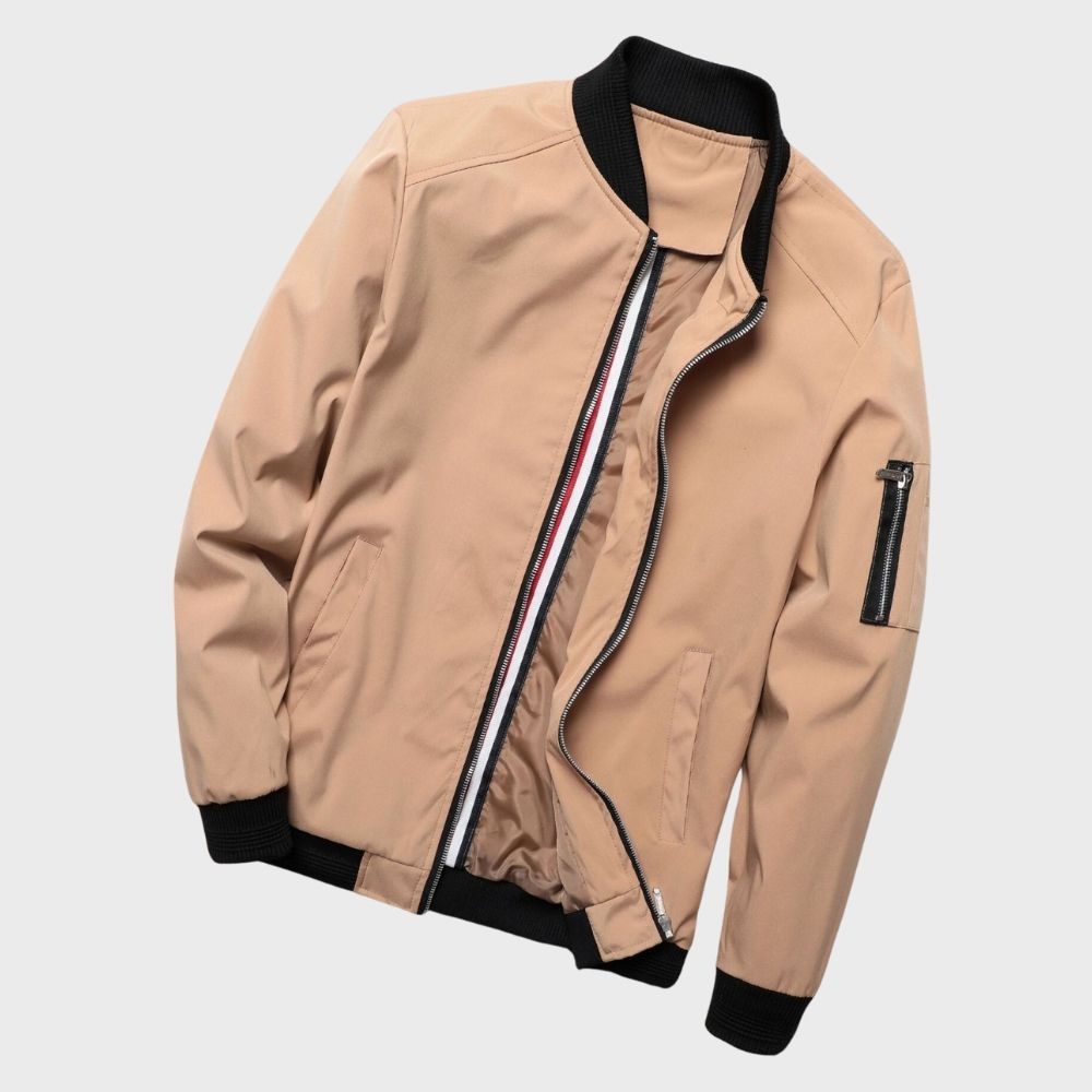 Khaki Bomberjacke mit schwarzem Kragen und Reißverschluss, Herrenmode, lässiger Stil.
