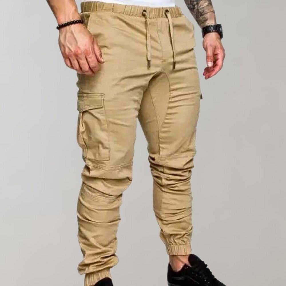 Khaki Jogginghose für Herren, Cargostil, elastischer Bund, Taschen, Freizeitmode.