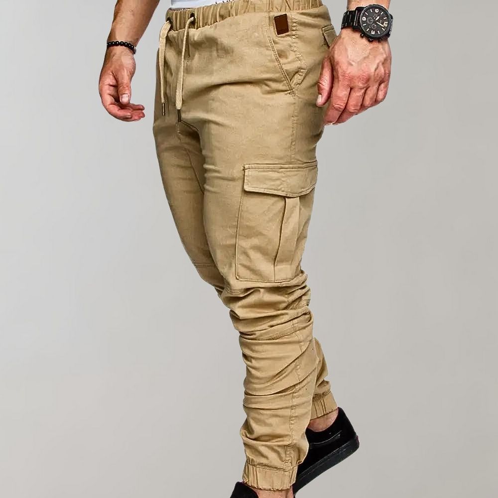 Khaki Cargo-Hose für Herren, elastischer Bund, Seitentaschen, Freizeitmode.