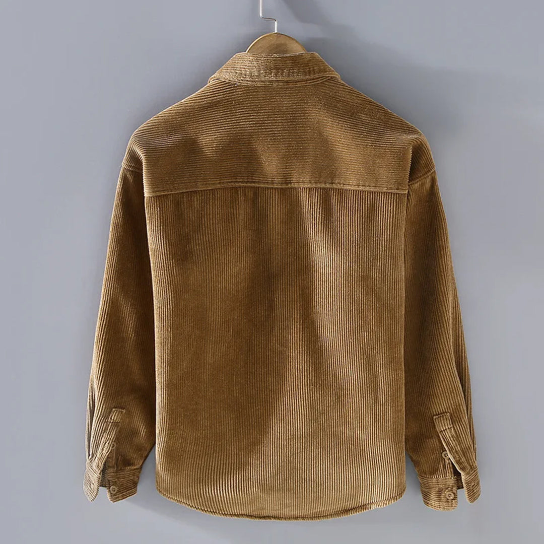 Khaki Cordjacke aus Cordstoff, langärmelig, Herrenmode, Herbstbekleidung, Rückansicht.