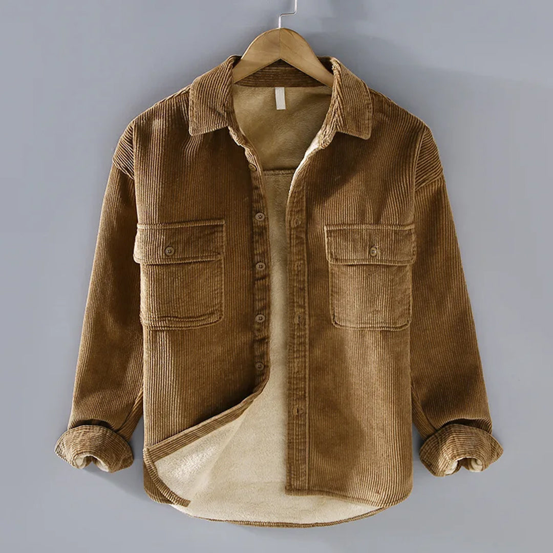 Khaki Cordjacke aus Cord, Herrenmode, langärmelig, mit Taschen, lässiger Stil.