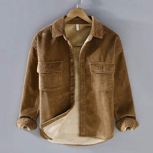 Khaki Cordjacke aus Cord, Herrenmode, langärmelig, mit Taschen, lässiger Stil.
