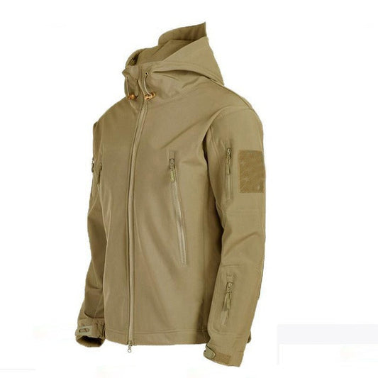 Khaki Jacke, taktisch, elastisch, Winter Herbst, mit Kapuze, Reißverschlusstaschen, Herrenmode.