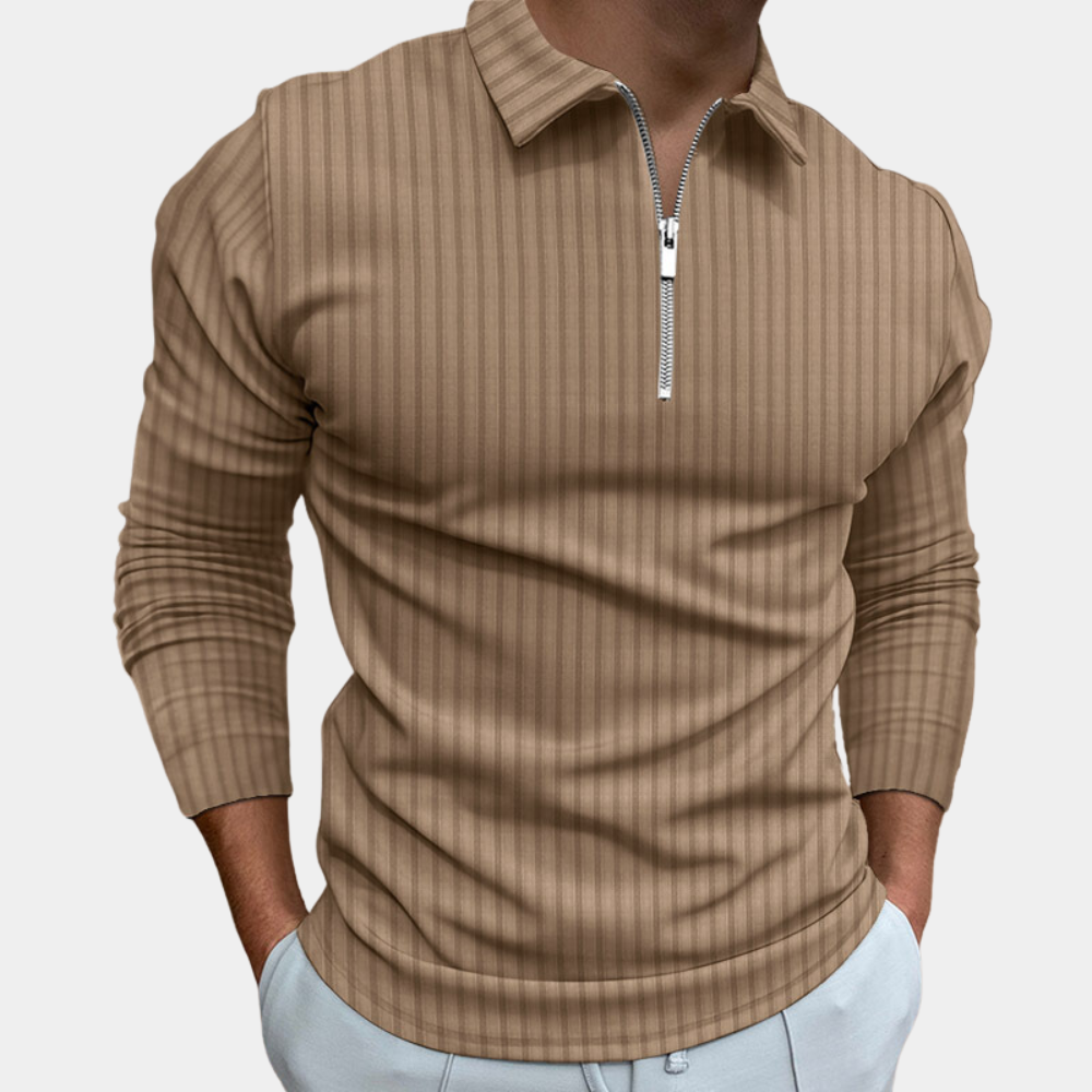 Khaki Herrenpullover mit Reißverschluss, gestreift, langärmelig, modisch, bequem.