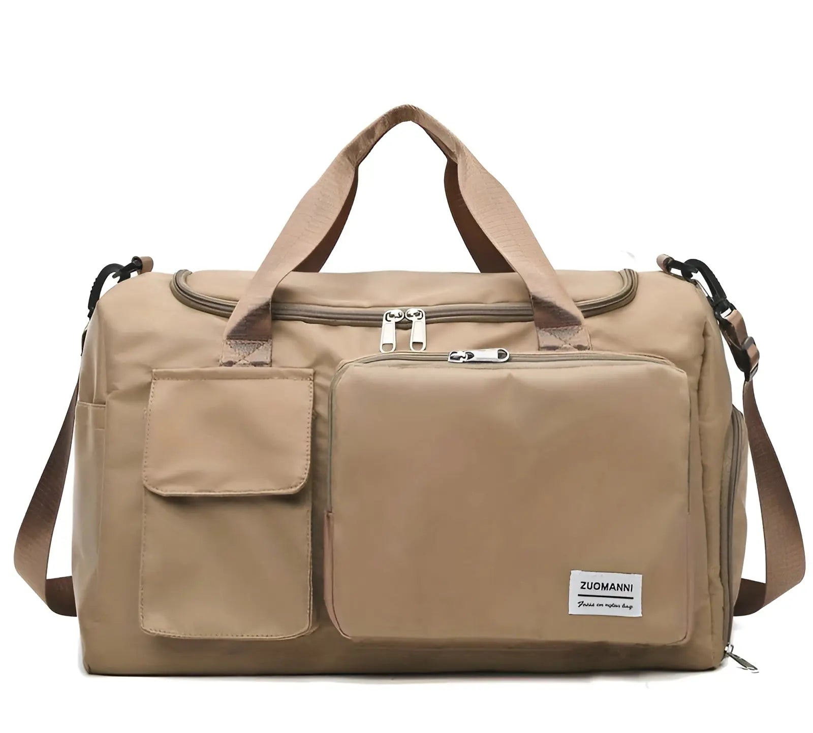 Khaki Reisetasche mit mehreren Fächern, robustem Stoff, verstellbarem Schultergurt.