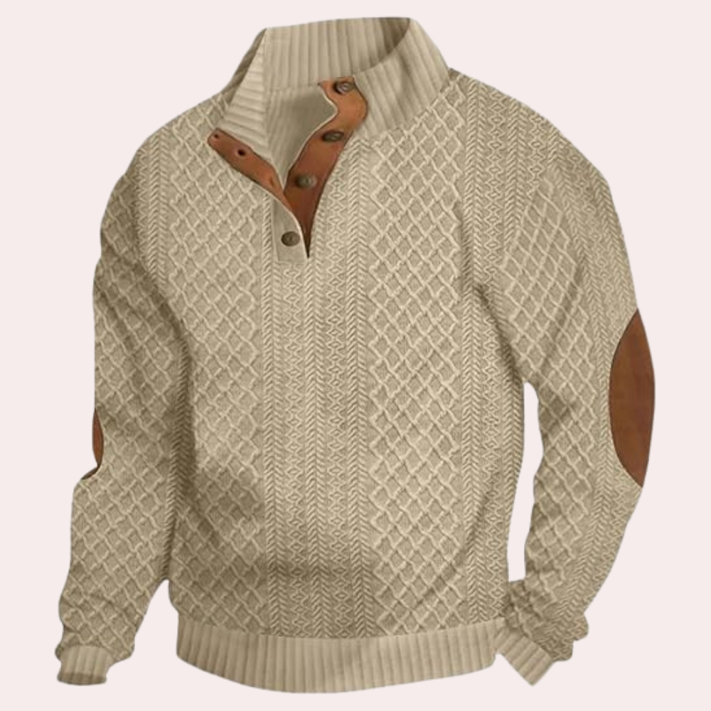 Khaki Strickpullover mit Knopfleiste, Lederakzenten, Herrenmode, Winterkleidung, stilvoll.