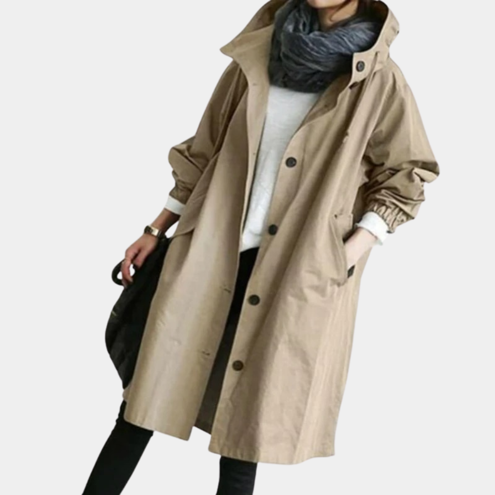 Damen Trenchcoat Khaki, lang, Baumwolle, modisch, Herbstmode, mit Kapuze, Knöpfen.