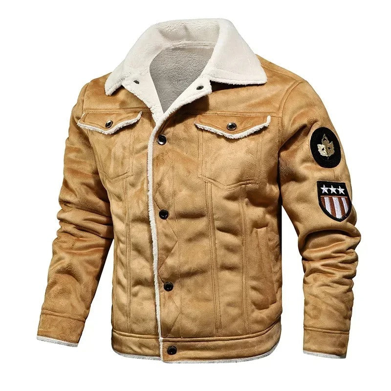 Khaki Herrenjacke mit Abzeichen, Kunstleder, Sherpa-Kragen, modisch, warm, Herbstmode.