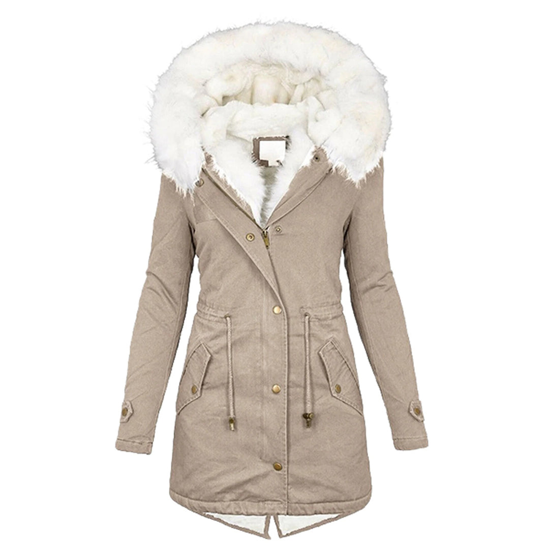 Khaki Winterjacke mit weißem Kunstfellkragen, Damenmantel, warm, modisch, Outdoor-Bekleidung.