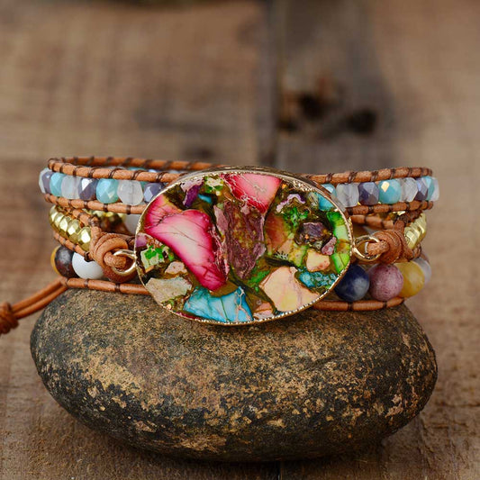 Damen Wickelarmband, 3-lagig, Leder, Naturstein, Strass, bunt, modisch, Geschenkidee.