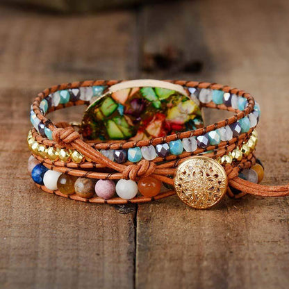 Damen Wickelarmband, 3-lagig, Leder, Naturstein, Strass, handgefertigt, modisch, Geschenkidee.