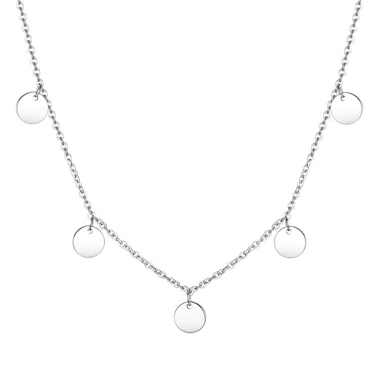 Silberne Halskette mit runden Anhängern, elegantes Schmuckdesign, modisches Accessoire.